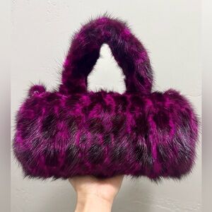 Leopard Real Mink Fur Handmade Fur Handles Barrel Bag/Shoulder Bag/Crossbody Bag